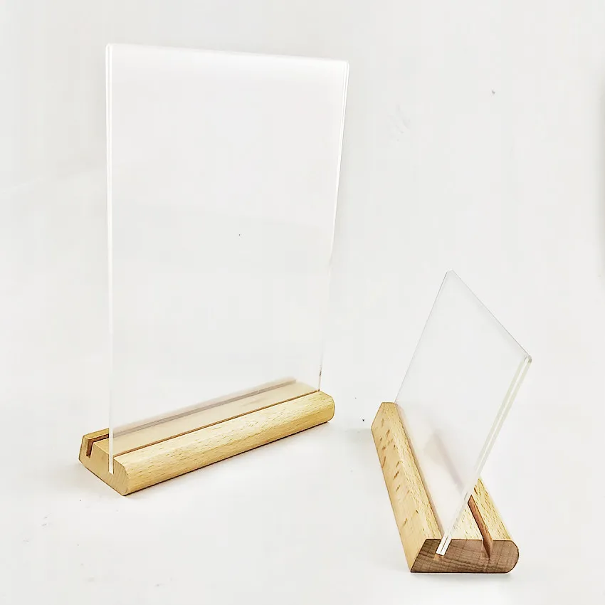 Plastic Acrylic Display Stand Holder Frame Card Label Sign Wood Base 2 Types Price Advertising on Table 4pcs