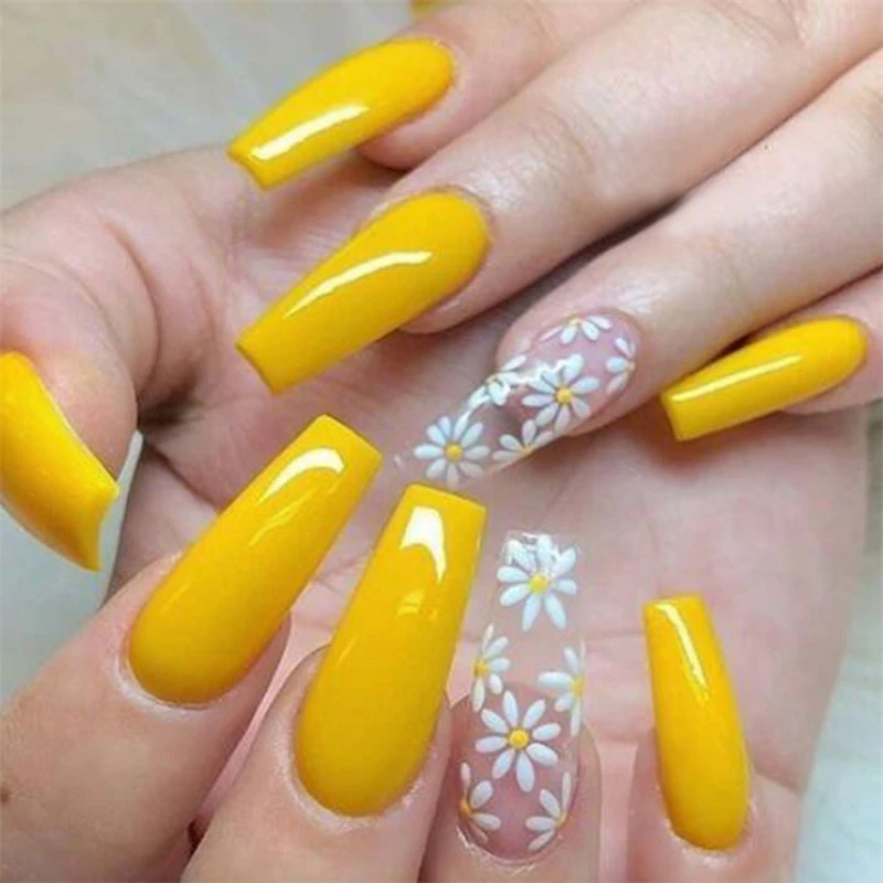 

CY141 Yellow Long Coffin Press on Nails with Designs Reusable Adhesive False Nails Press-on
