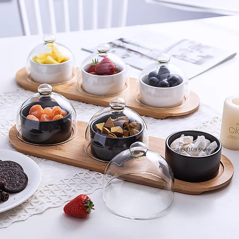 

Ceramic Salad Bowl Set Food Tray Sets with Glass Lid Ceramic Tableware Set Dessert Snack Dried Bowl Fruit Cake Plate Decorative
