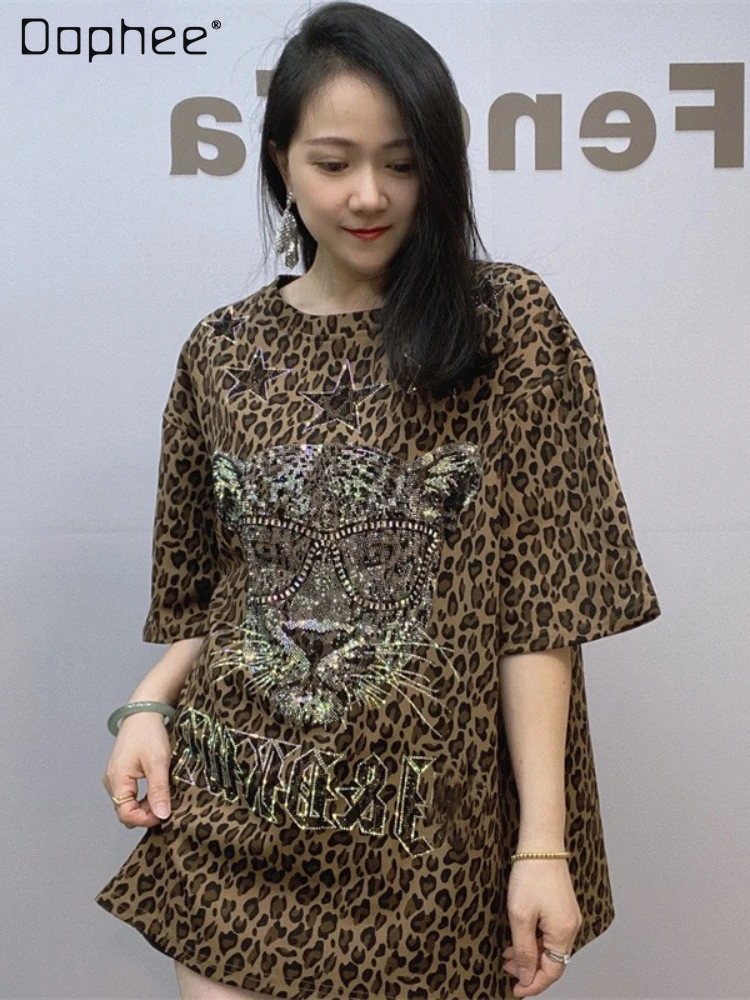 

Cartoon Printed Leopard Print Loose-Fitting Casual T-shirt 2023 Fall Women's Clothing Short Sleeve Top Female Fashion Brand Tee
