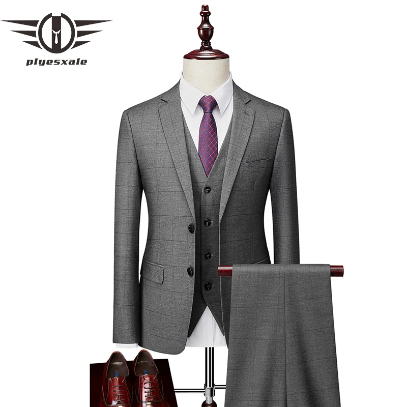 

Plyesxale Gray Plaid Men Wedding Suits 2022 Slim Fit Costume Homme Mariage Three Pieces Business Formal Dress Suit Men Q1057