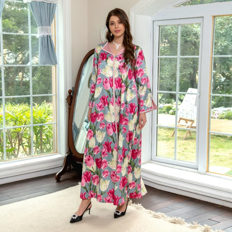 Eid Ramadan Jilbab Muslim Abayas For Women 2023 New Boho Retro Printed Maxi Dress Long Sleeve Summer Kimono Arab Dresses