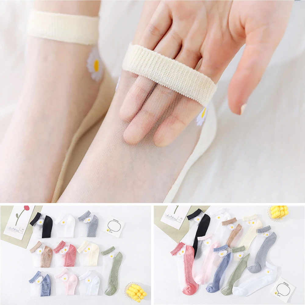 Lace Ultra-Thin Transparent Glass Silk Socks 10 Pairs Harajuku Floral Cotton Bottom Crystal Girl Fashion Daisy Flower Cute Socks