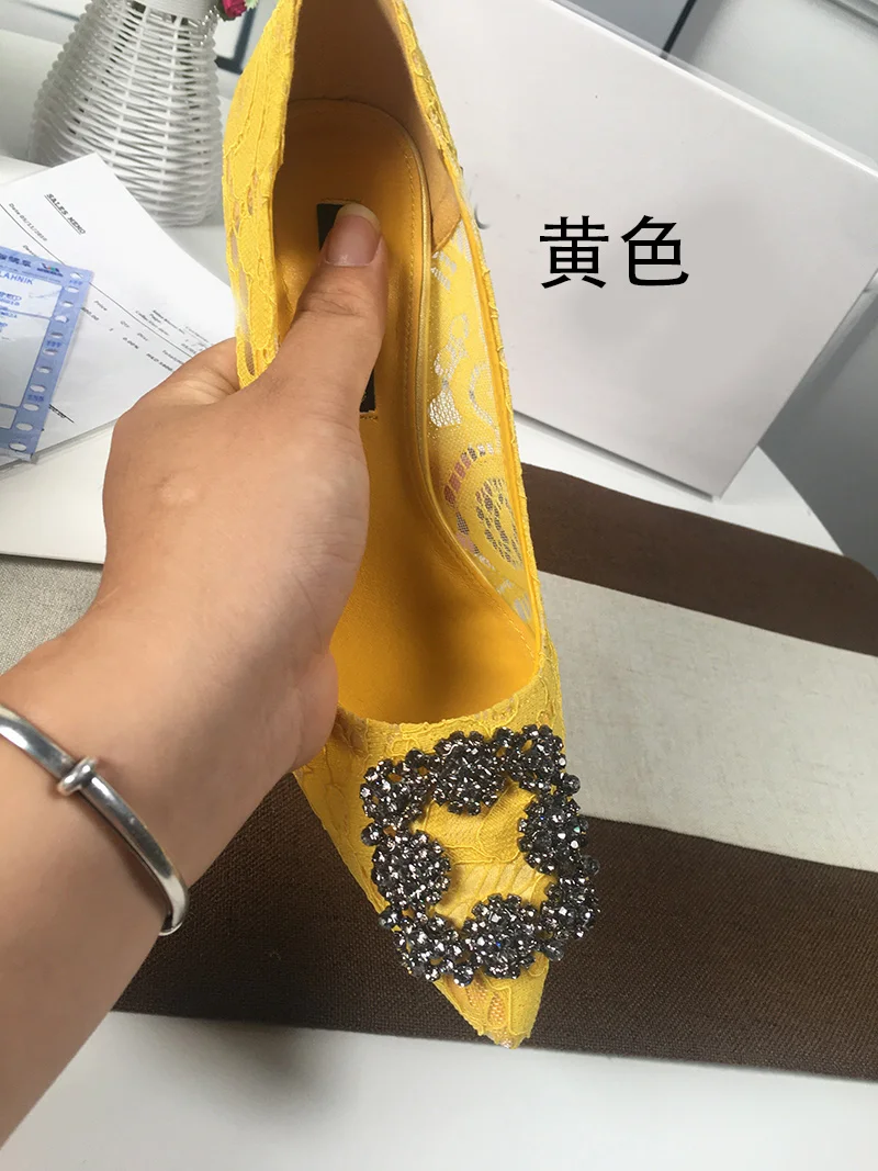 2023 Lace Pointed Toe High Heels Mesh Breathable Rhinestone Stiletto Women's Shoes