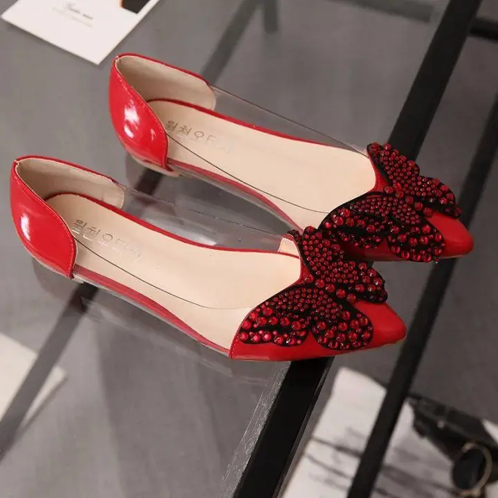 

bow knot jelly beach sandals feminino pointed toe crystal transparent bow sandals women red flat wedding shoes summer ol shoes