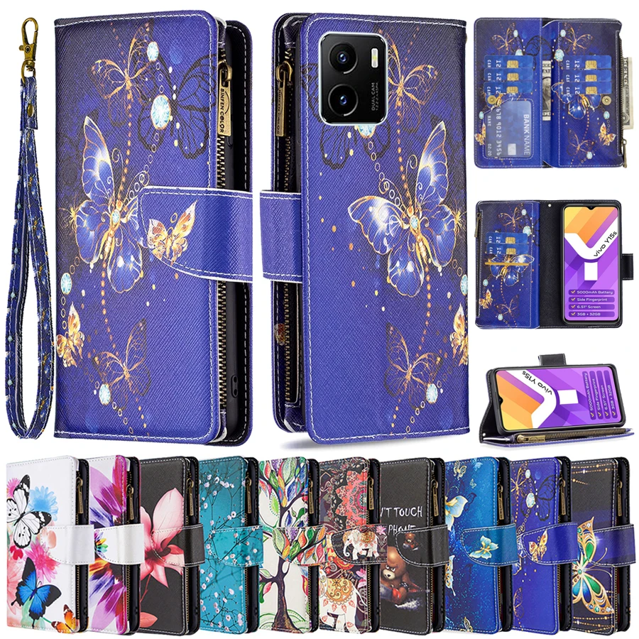 

FIip Wallet Painted Zipper Leather Case For VIVO Y11 Y12 Y15 Y15s Y17 Y20 Y21 Y21s Y33s Y51 2020 Y51a Y51s V21 V21e 4G V21e 5G