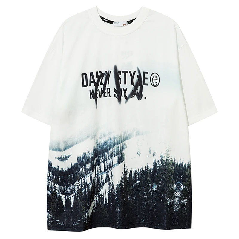 

Printed T Shirt Men 2022 Summer Fashion Personality O Neck Oversize Cotton Casual Hip Hop White Landscape Letter Tees