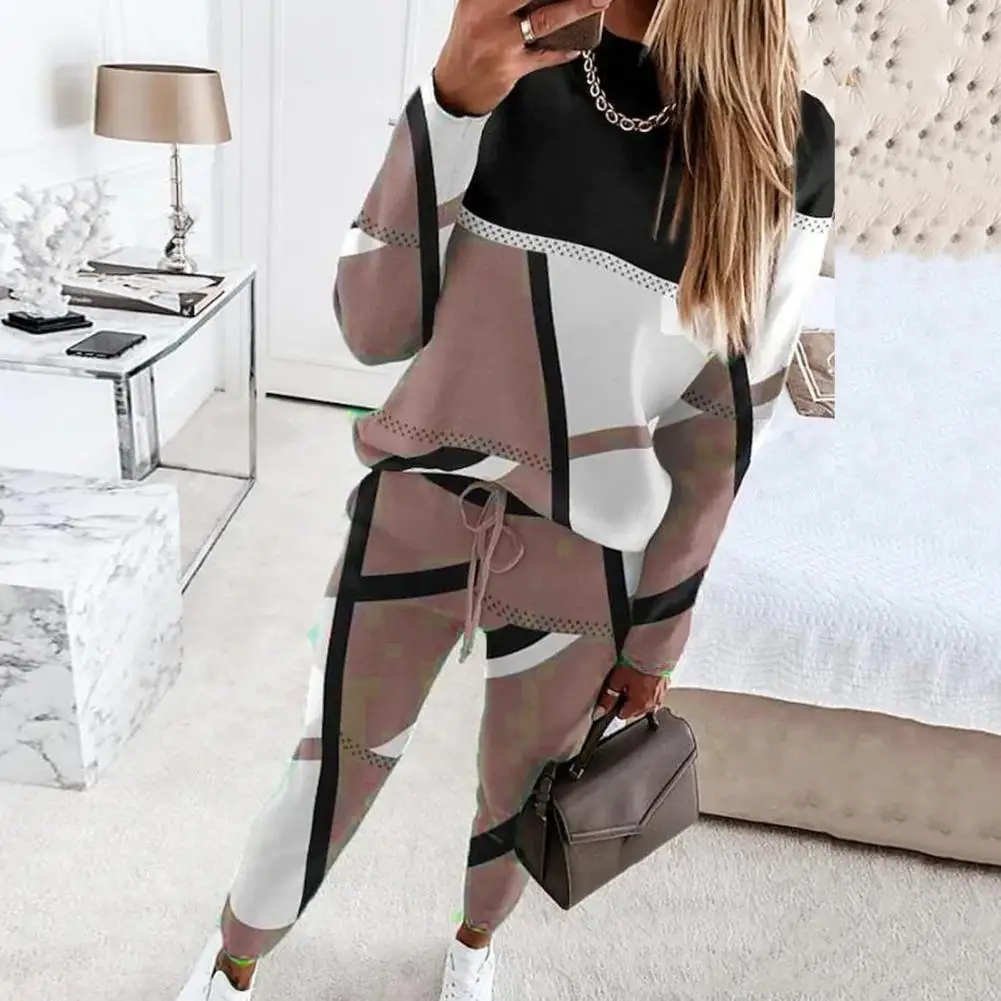 

Ladies Sweatshirt Pants Set Women 2-piece Suit Geometric Print Ladies Suit Colorful Sweatshirt Pants Set with Elastic Waist