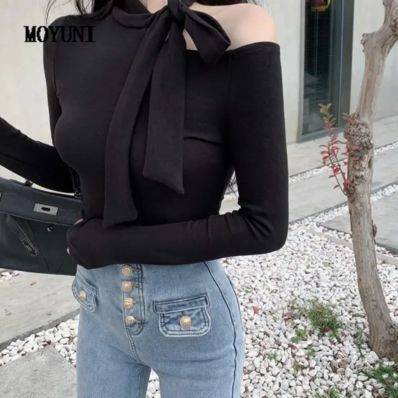 

casual Woman Tshirts French Chic Bow Bandage Off Shoulder Design Long-sleeved Tops 2022 Base Slim T-shirt Spring Summer Elegante
