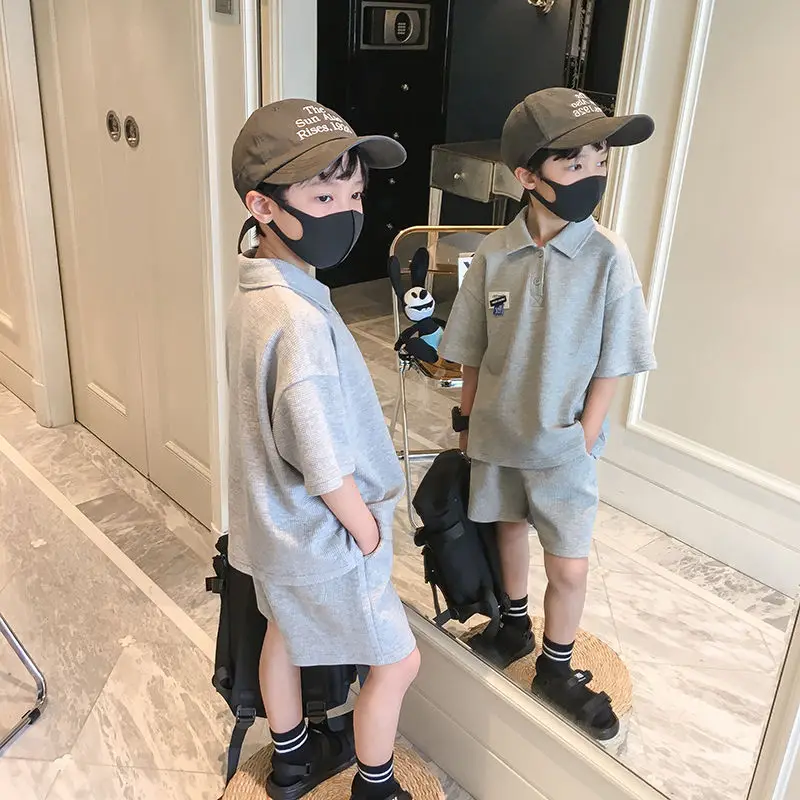 Boys Summer Suit 2022 New Casual All-Match Gray Children's Summer Short-Sleeved T-shirt Boy Two-Piece Suit
