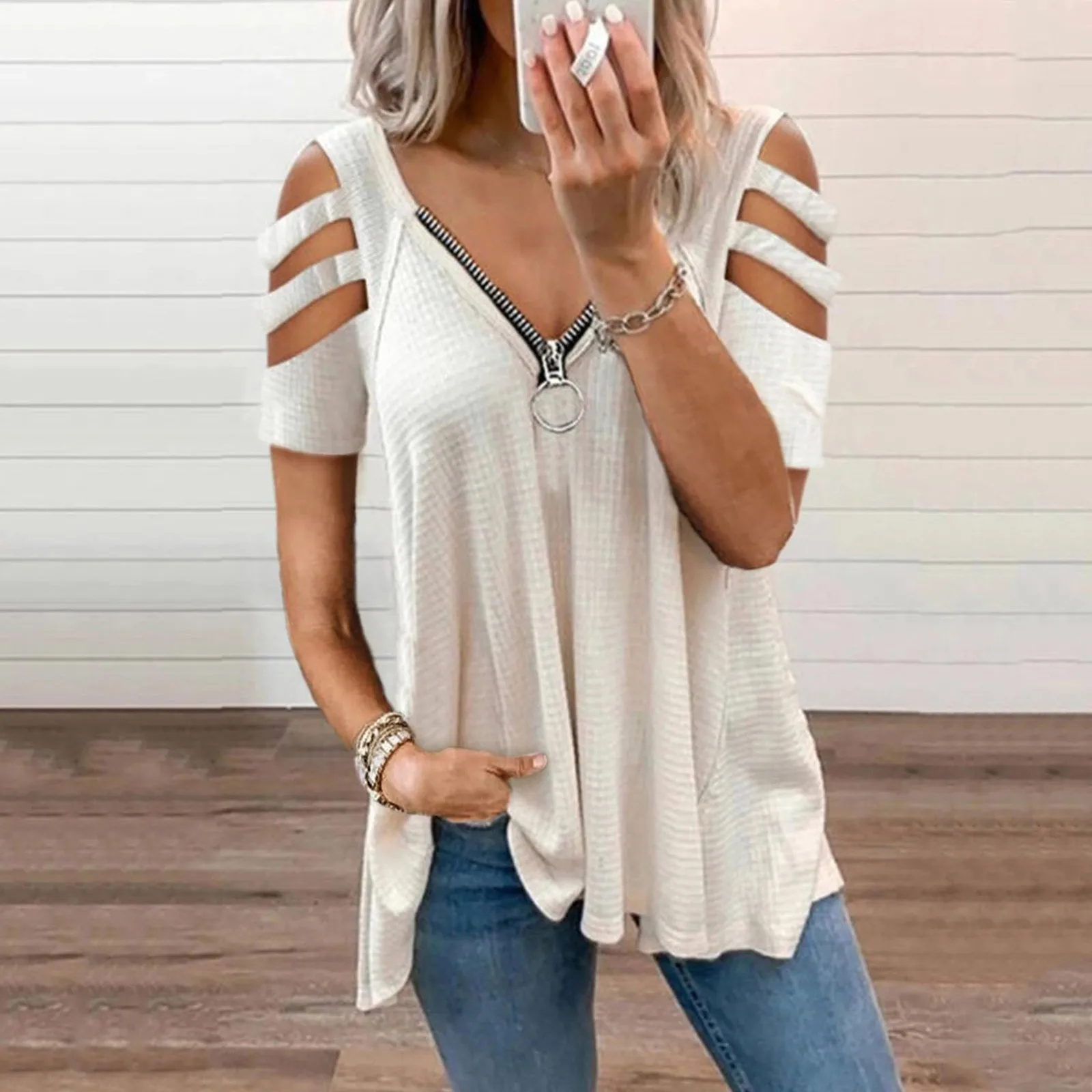 

Sexy Woman Summer Tops Blouse Hollow Zipper Solid Color Casual White Loose Short Sleeve Shirts Top Female Cloth Dropshipping