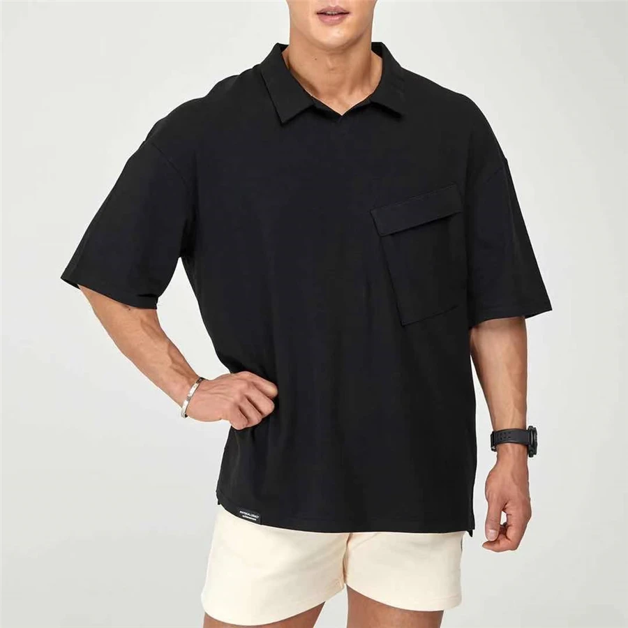 

Camiseta holgada informal para hombre, camisa con bolsillo en el pecho para Fitness, entrenamiento de culturismo, ropa de verano