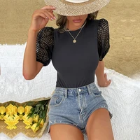 2022 new puff sleeve hollow lace summer bodysuit pajamas female sexy black jumpsuit butterfly ropa de mujer