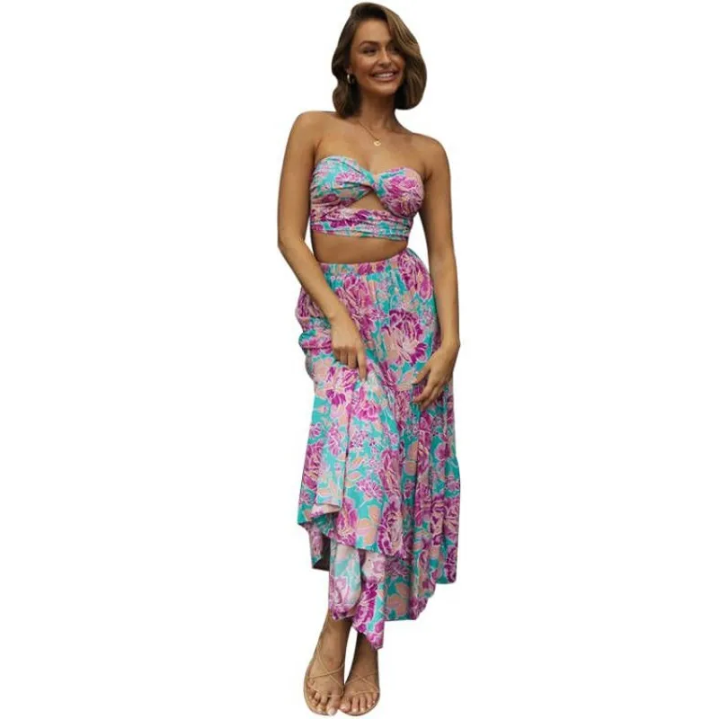 

Two Piece Skirts Sets Women Sleeveless Skinny Hollow Out Tank Tops Outfits 2022 Fashion Floral Sexy Beach Long Skirt Dress Suit