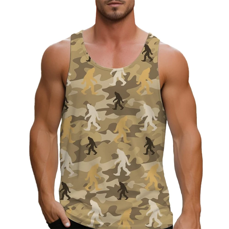 Camouflage Bigfoot Men's Sleeveless T-Shirt Vest Clothes Sasquatch Pattern Print Outdoor Casual Man Gym Tee Pullover Sportwear