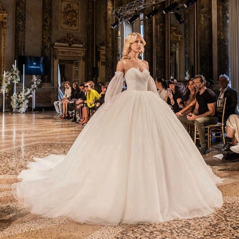 

Shiny Tulle Lace Bridal Dresses Removable Sleeve Pretty Strapless Sequined A Line Wedding Party Dress Sweet Long Wedding Gowns