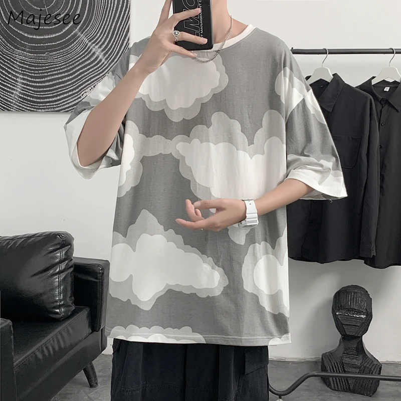 

Футболки с коротким рукавом, мужские летние модные свободные футболки унисекс с принтом облаков для пары, японские футболки в стиле ретро, у...