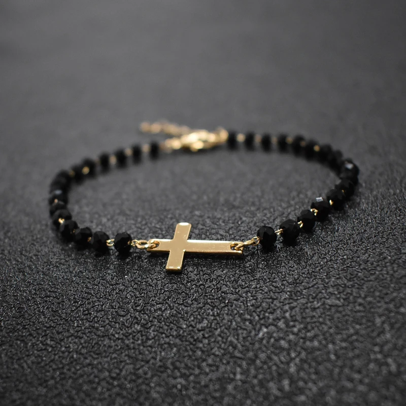 2020 New Design Rosary Style Sideways Cross Bracelet Black Beades Gold Color Chain Bracelets for Women Girls