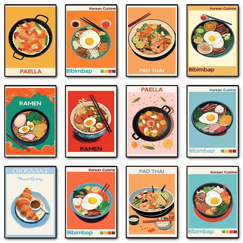 Современный постер для еды холст настенное искусство бибибимбап круассаны