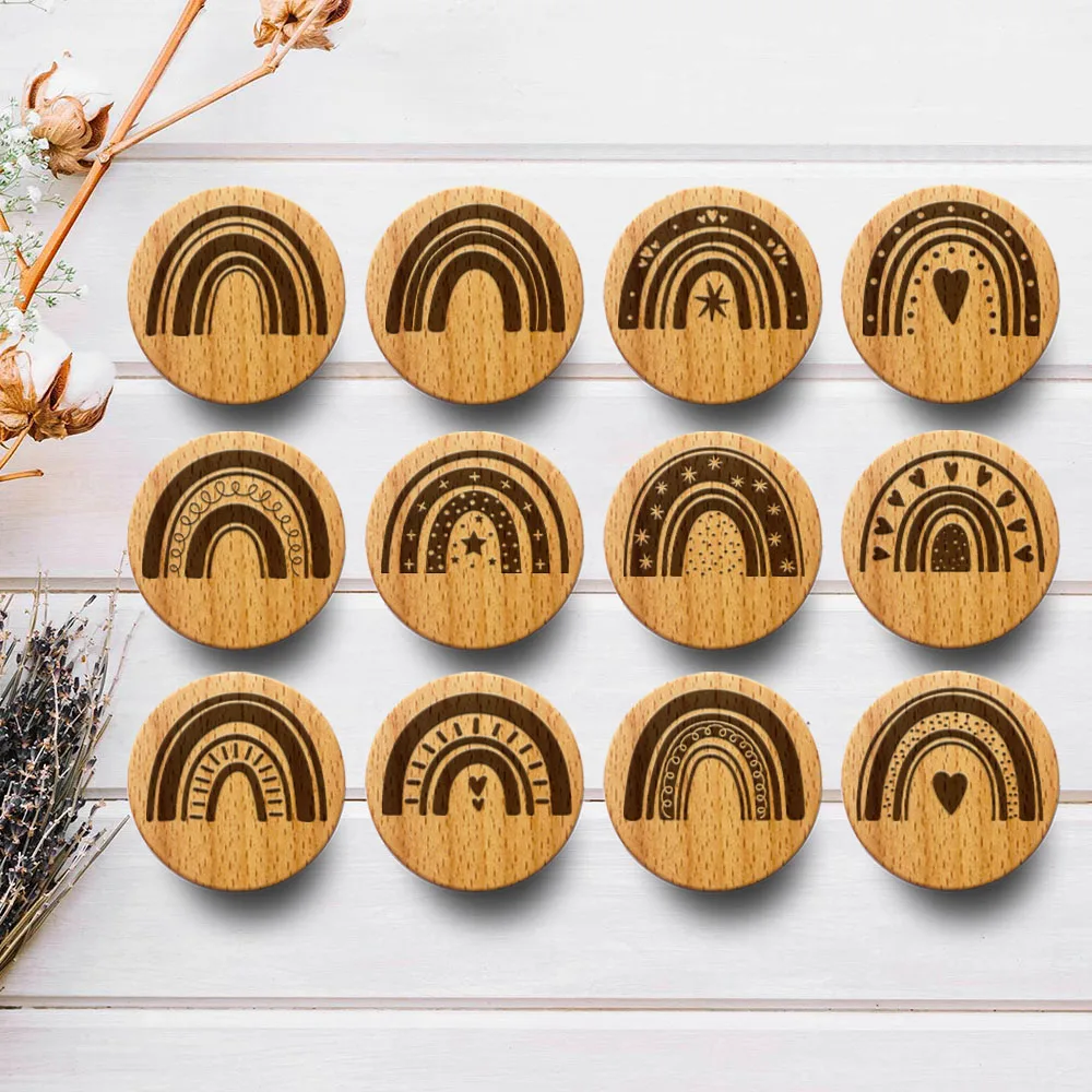 

New Engraved Rainbow Wooden Drawer Knob Boho Nursery Cabinet Pulls Nature Wood Coat Hook Children's Room Furniture Handle