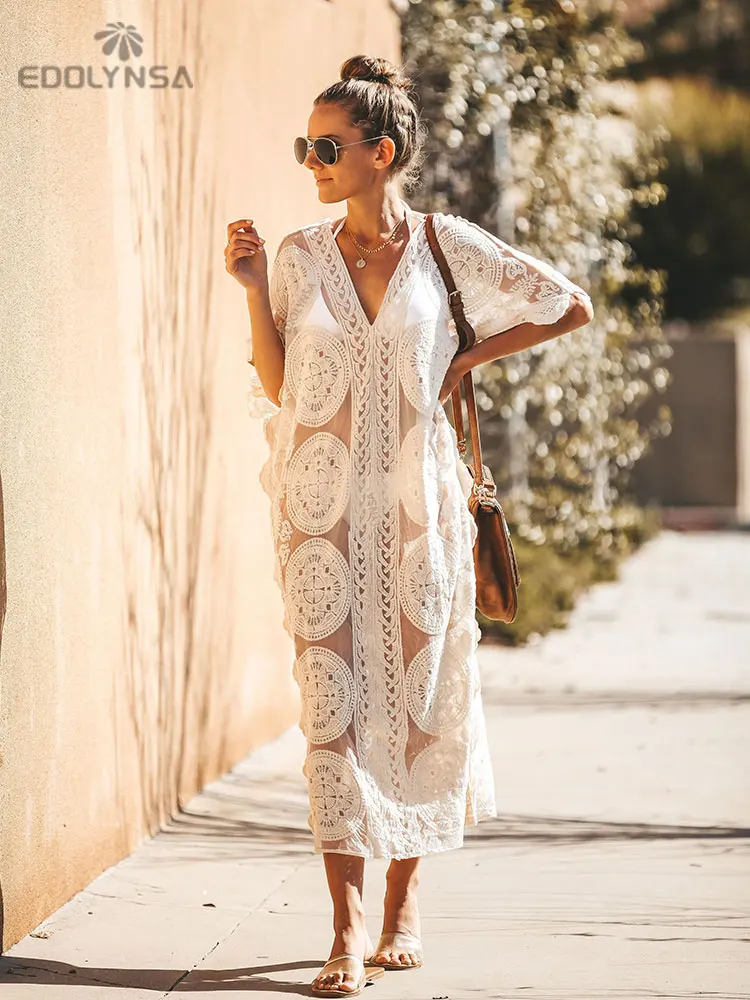 

2023 Kaftan Beach Pareo Beachwear Swim suit Cover up Playa Pareo Tunics for Beach Tunic Swimwear Women Lace Beach Dress #Q880