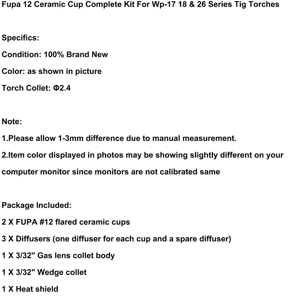 

Tig Torches Pyrex Cup Kit Φ2.4 Torch Collet Ceramic With 3/32\" Wedge Collet