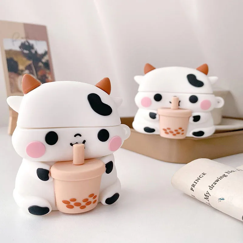 

Fashion Cute Cartoon Cows Drinking Milk Tea Bluetooth Headset Cover for Airpods 1 2 3 Pro Silicone Airpods Case