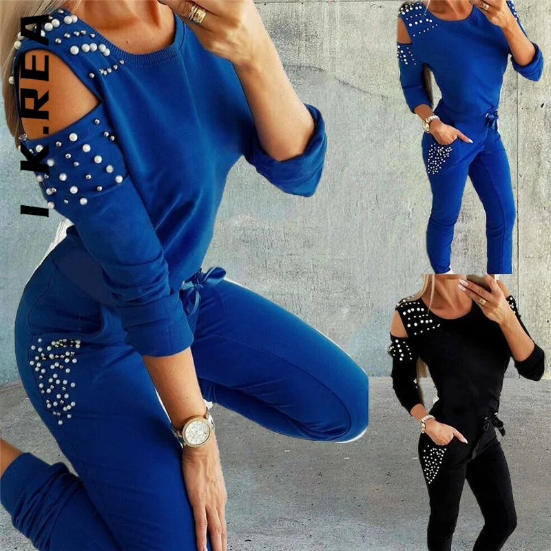 

I K.Rea украшенный бисером топ с открытыми плечами с длинным рукавом + брюки комплект из двух предметов шикарный сексуальный женский спортивны...