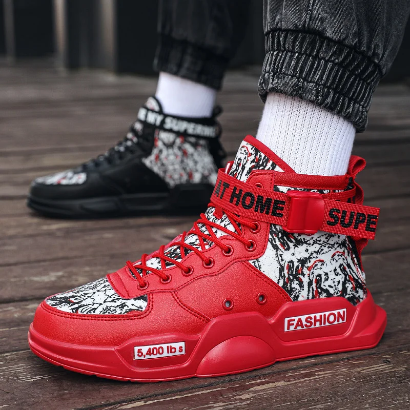 

High Top Sneakers Men Leather Mens Shoes Graffiti Lace-up Shoes Man Platform Mens Trainers Red Bottom Autumn 2022 Trend Sneaker