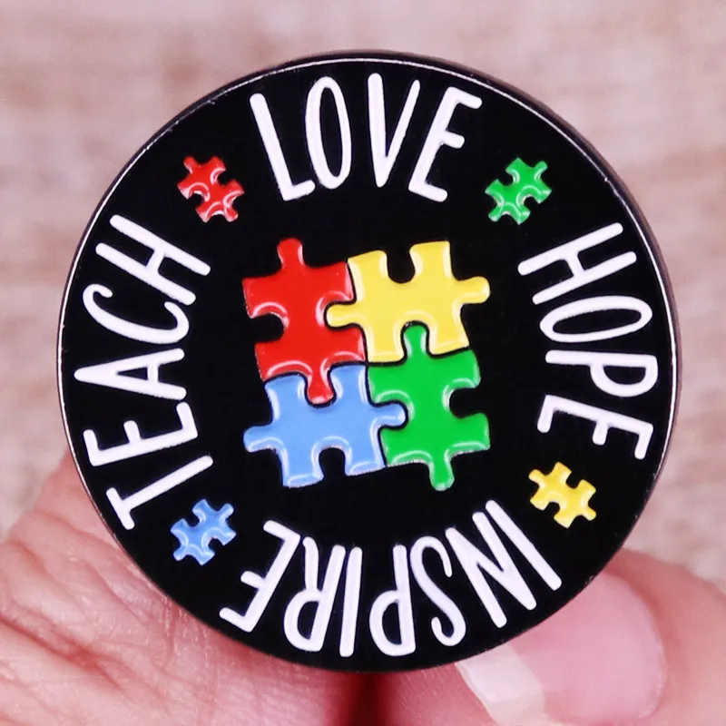 

XM-funny Teach Love Hope Inspire Flap Lapel Pin Autism Teacher Badge Jewelry Gift Copper Metal Badge