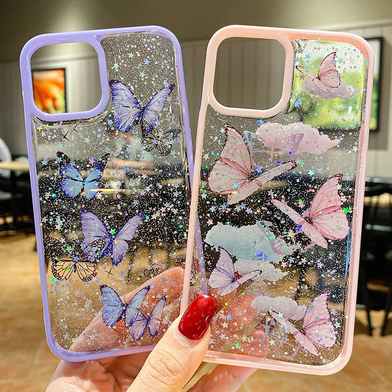 

Clear Sequin Glitter Butterfly Case for IPhone 14Pro 12 Mini 11 13 Max X XR XS 7 8Plus 6 6S SE2 3 Soft Silicone Cover Coque