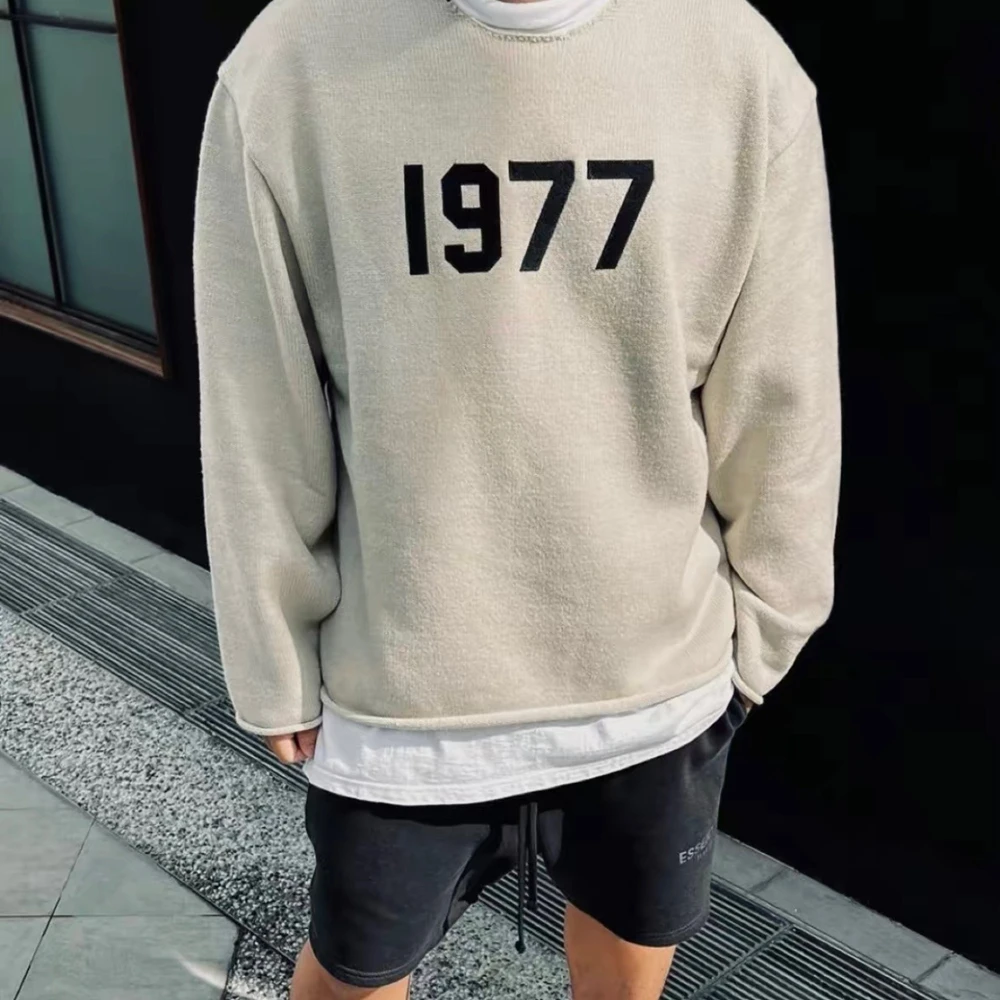 Streetwear 23SS  Harajuku Sweater 1977 Flocked Hip Hop Embroidery O-Neck Round Oversize Loose Knitting Sweater for Men
