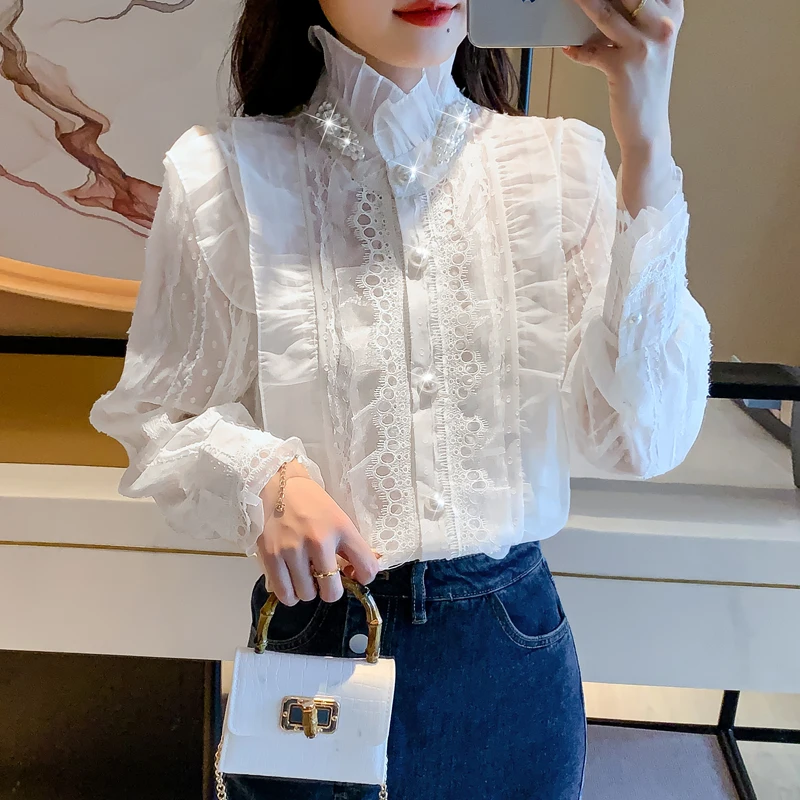 

Женская кружевная рубашка с воротником-стойкой, свободная блузка с оборками и длинным рукавом, модель 203c, 2022-3, весна 322