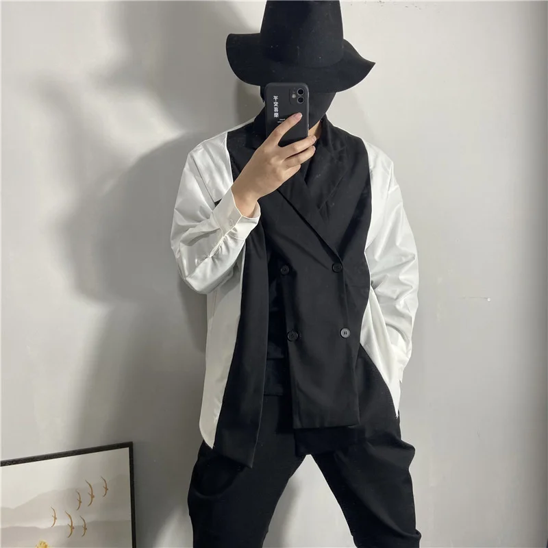 Men's Loose Korean Personalized Side Slit Spring Large Japanese Fashion Suit Collar Long Sleeve Shirt