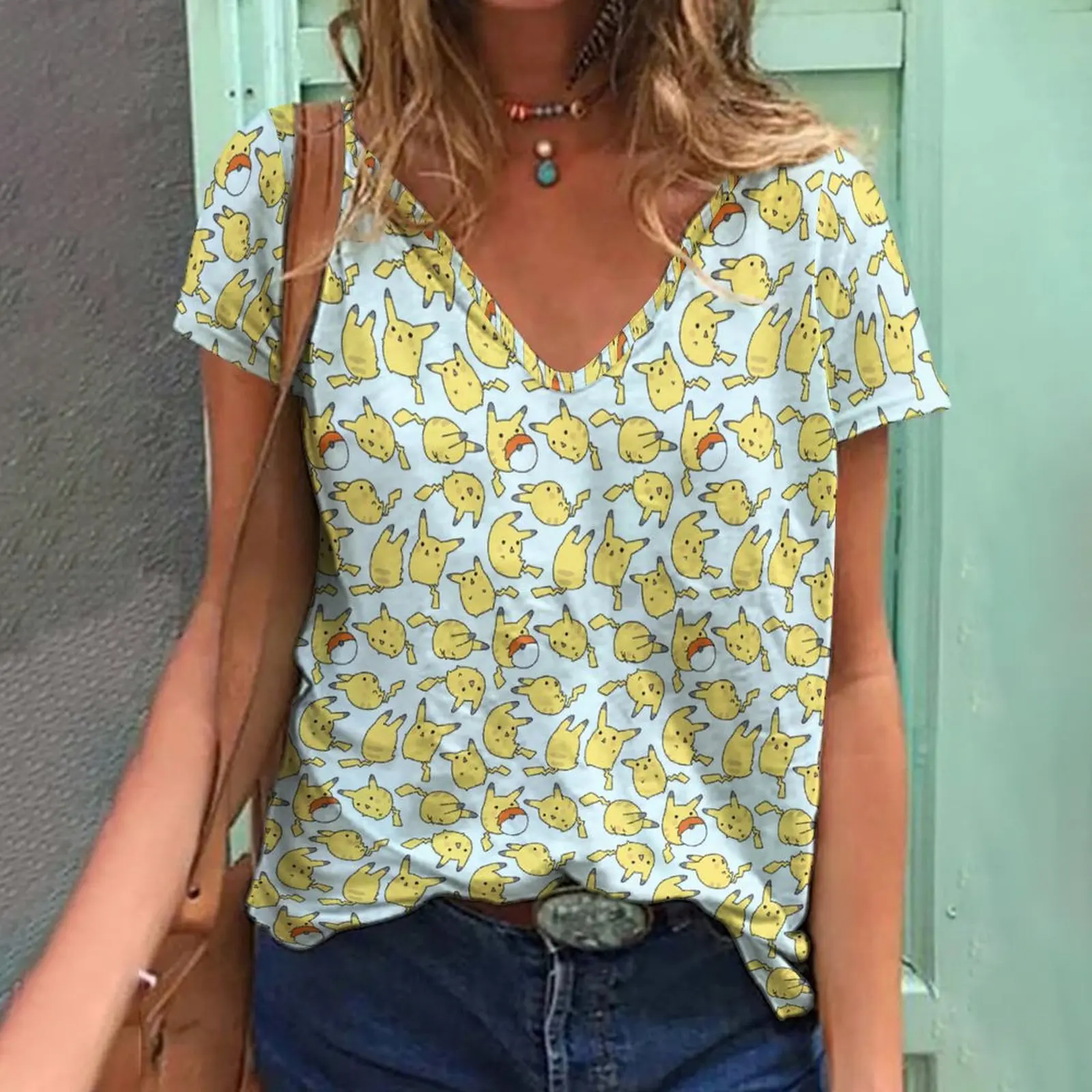 

Summer 2022 Women's T Shirt Retro Casual Fashion V Neck Short Sleeve Print Loose Everyday Top Design Clothing