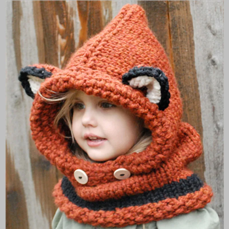 New animal fox hat ear protection warm hat cute children handmade knitted hat autumn and winter scarf one hat birthday gift