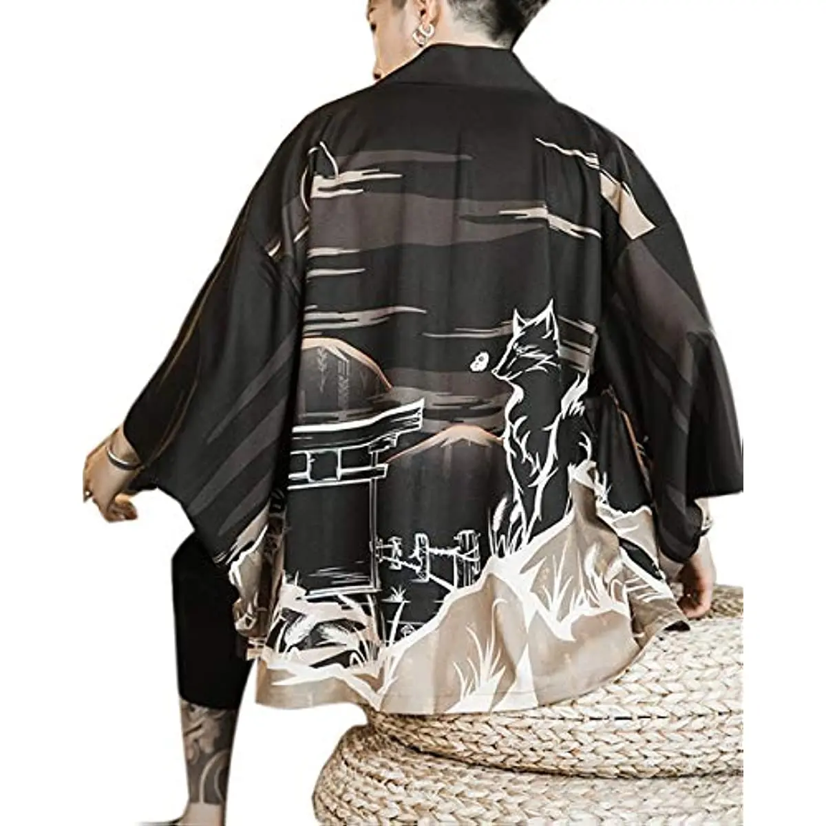 

Men's Kimono Cardigan Jacket Japanese Style Flying Crane Seven Sleeves Open Front Coat 5XL