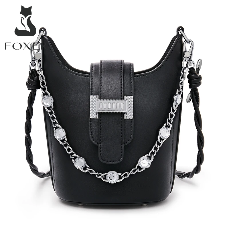 FOXER Women Diamond Crossbody Shoulder Bag Evening Bucket Bag Shining Split Leather Handbag Lady Party Fashion Messenger Bags