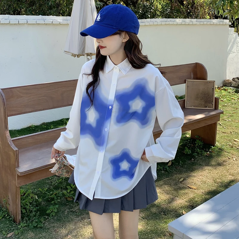 

EBAIHUI Women's Star Printing Shirt 2023 Spring Contrast Color Long Sleeve Blouse Lapel Female All Match Clothing Top New