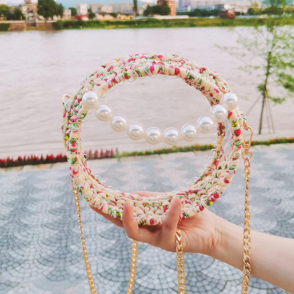 

Plastic Pearl Handle Clear Tote Bag Chain Women Messenger Bag 2022 Weave Transparent Small Round Handbag Cute Shoulder Bag