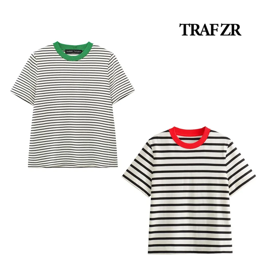 TRAF ZR Женская контрастная хлопковая полосатая футболка High Sreet для женщин Kpop