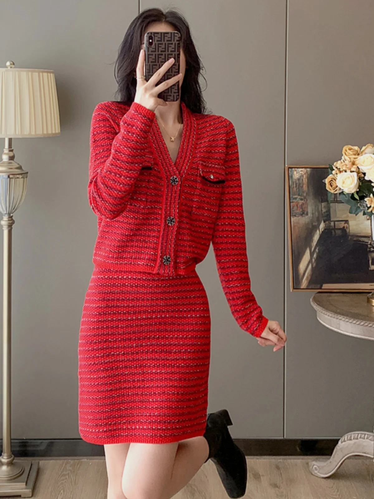 Популярное в этом году высококачественное красное платье-свитер комплект из