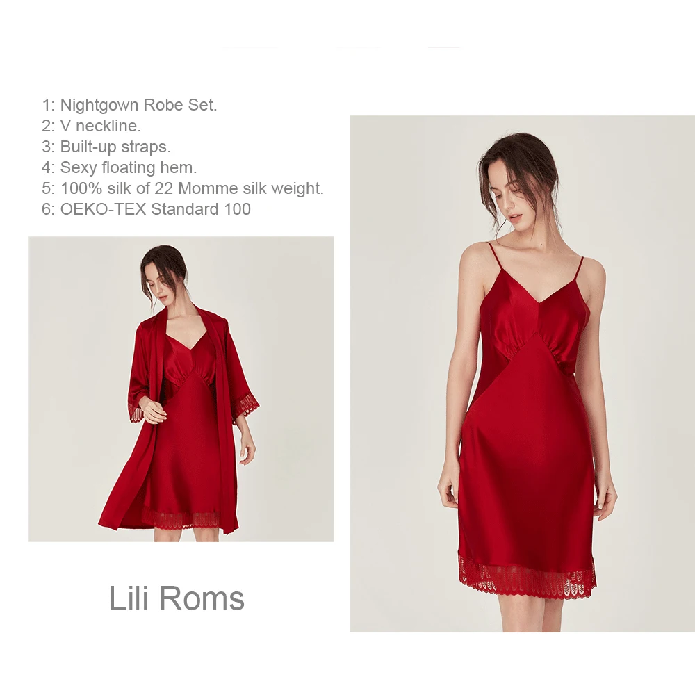 LiliRoms Noble Red 22 Momme 100% Silk Nightgown Robe Set Long Sleeve Lace Lingerie Sleepwear Elegant Clothing Free Shipping