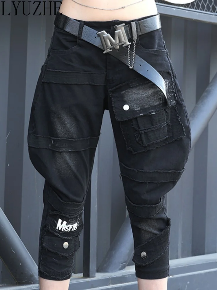 

LYUZHE Unique Design Pants Women Small Design Sense Black Perforated Jeans 2023 Capris Harem Pants ZXF167A