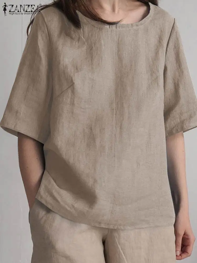 

ZANZEA, женская летняя Свободная рабочая рубашка, женские вечерние блузы, Chemise 2022, повседневные однотонные топы, Модная хлопковая блуза с кругл...
