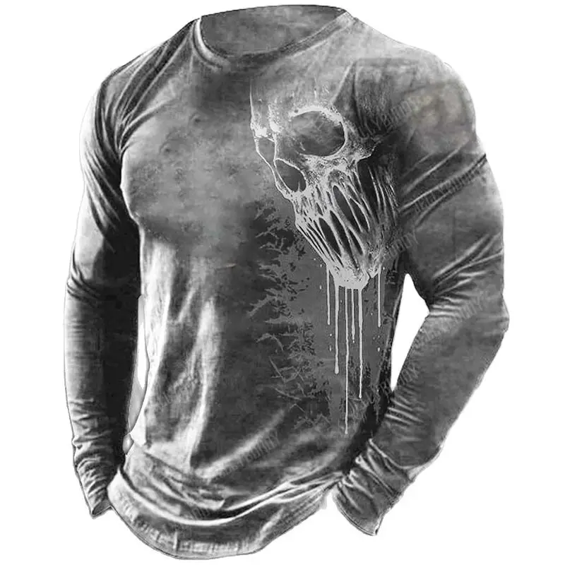 

Skull Printed Men's Cotton T-shirt Long Sleeve Top T-shirt Vintage Costume Autumn Oversized T-shirt Casual Crew Neck Punk Costum
