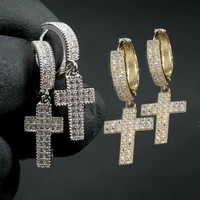 punk silver gold cross hoop dangle earrings bling micro pave zircon stone for man women hip hop fashion jewelry 2021 new