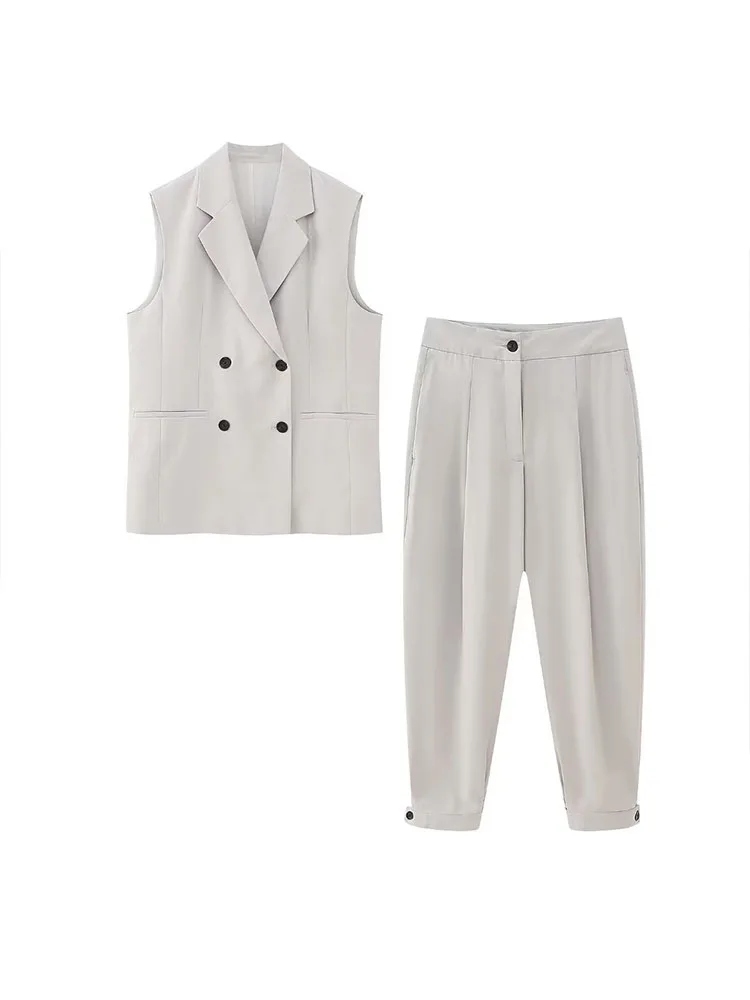 

Women New Summer Fashion Double Breasted Vest Leg Tucher Pants Retro V-neck Sleeveless Double-breasted Casual Chic Female Suits
