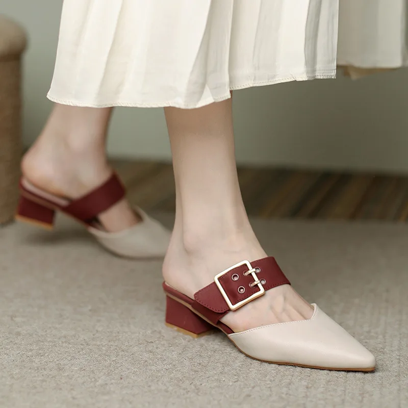

2022 Women's Sandals Kitten Heel Rivet Mixed Color Ponited Toe Ladies Pumps Comfortable Belt Buckle Fashion Comfy Female Shoes