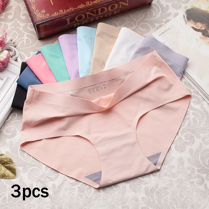 

3 Pcs Seamless Panties Women Underwear Sexy Ice Silk Briefs Female Breathable Soft Lingerie Summer Women's Underpants Mid-Rise